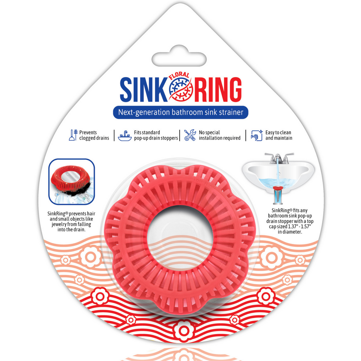 SinkRing, Bathroom Sink Drain Protector - Floral Red